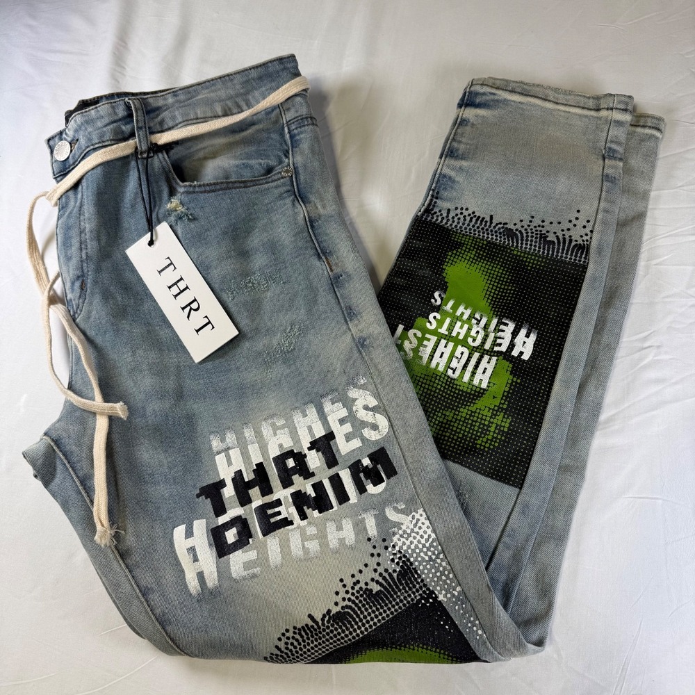 NEW THRT Denim "Highest Heights" Graphic Patch Jeans Distressed Men's Size 38x32